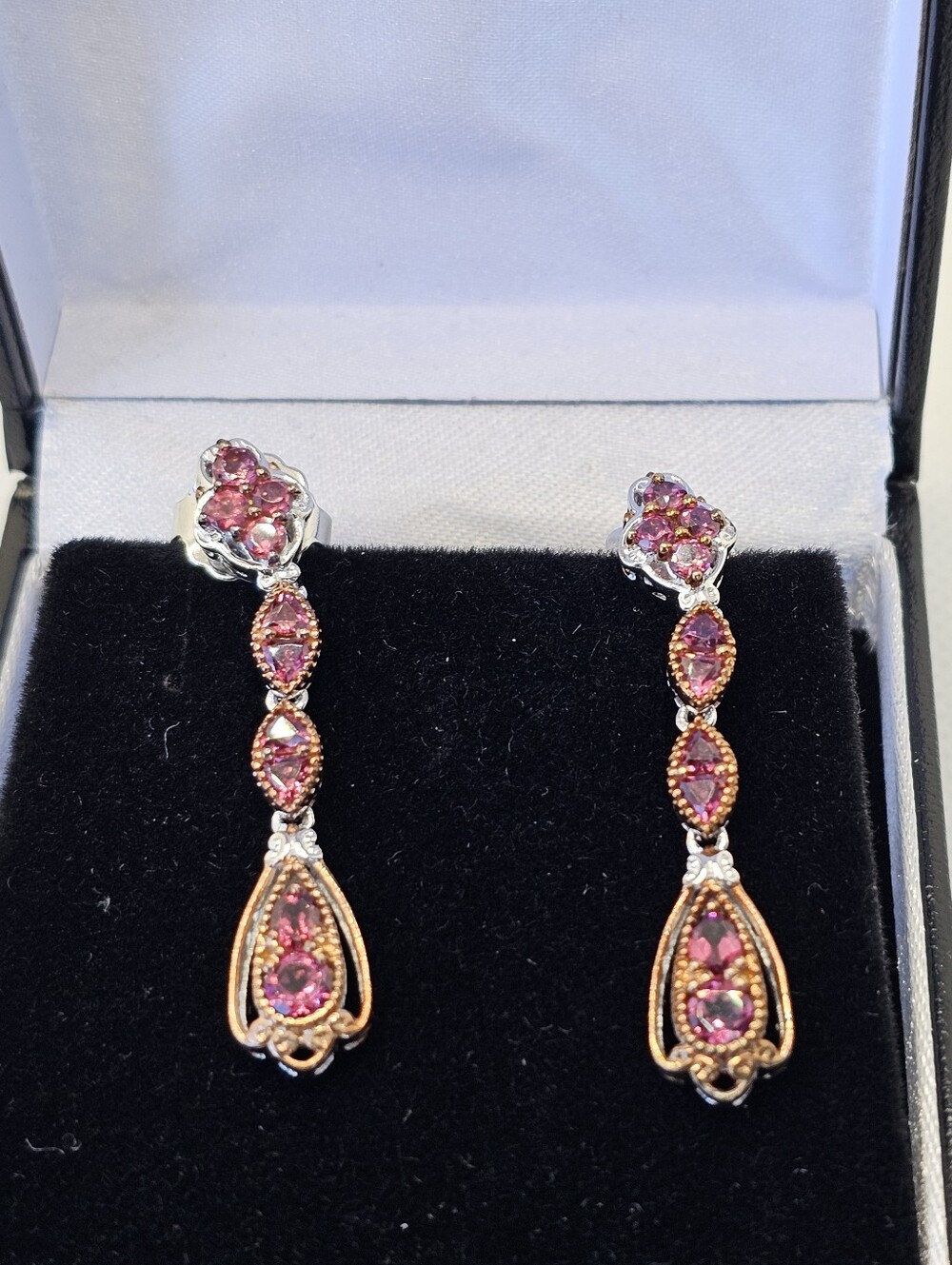 Genuine Pink Tourmaline Earrings Palladium Sterling Silver 18k Rose Gold